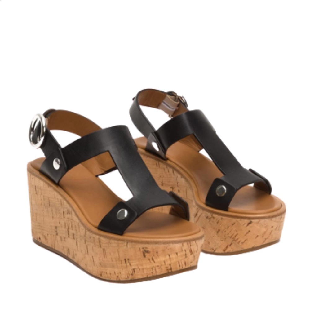 Frye Black Leather Cork Wedge Sandals